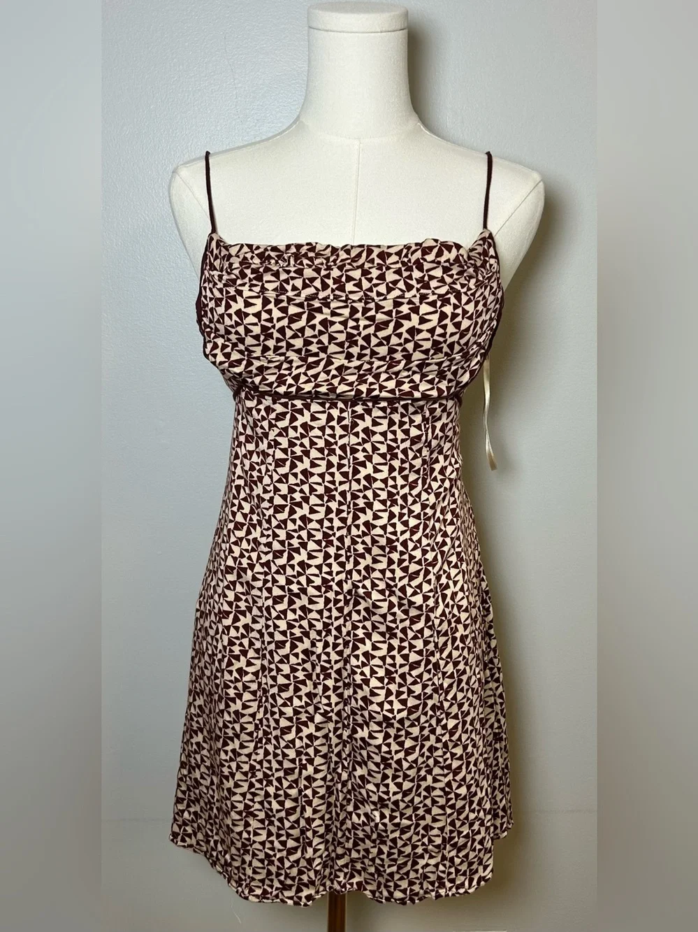 Free People Kai print Tie strap Mini Dress xs brown cream cowl neck boho dress